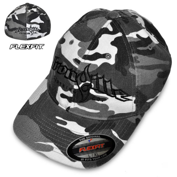 Ironville Workout Hat Flexfit Curved Bill Fitted Winter Gray Camo With Black Big Horizontal Logo
