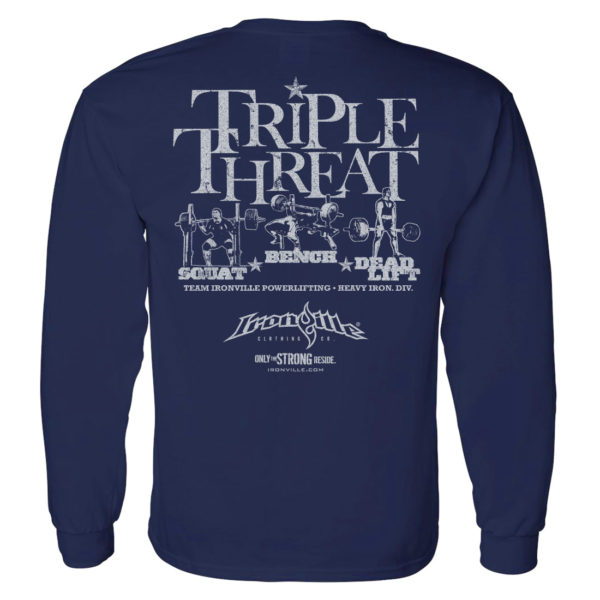 Triple Threat Squat Bench Press Deadlift Powerlifting Long Sleeve Gym T Shirt Navy Blue