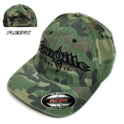 Ironville Weightlifting Gym Hat Flexfit Curved Bill Fitted Green Wood Camo With Black Big Horizontal Logo