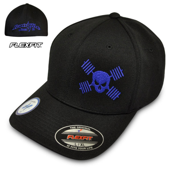 Skull And Barbells Hat Flexfit Cool Dry Bodybuilding Powerlifting Weightlifting Black With Royal Blue