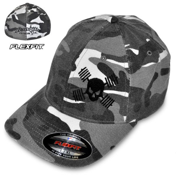 Skull And Barbells Weightlifting Hat Flexfit Curved Bill Fitted Winter Gray Camo With Black