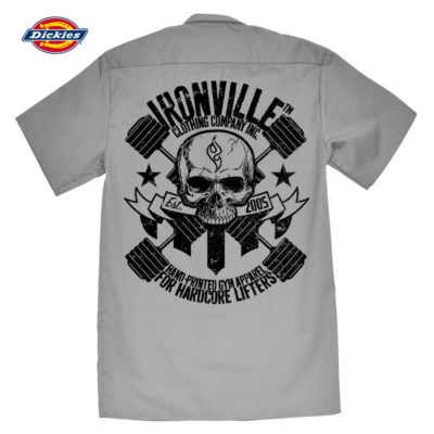 Dumbbell Skull Casual Button Down Bodybuilder Shop Shirt Charcoal Gray