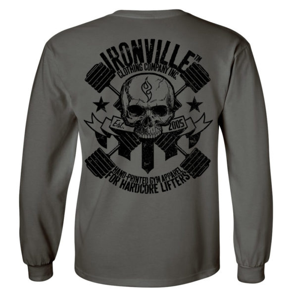 Dumbbell Skull Long Sleeve Bodybuilding T Shirt Charcoal Gray