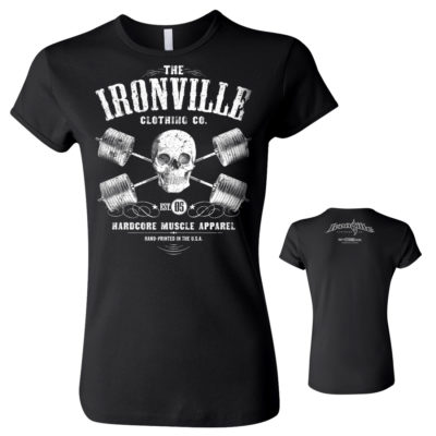 Heavy Iron Outlaw Skull Barbells Womens Powerlifting T Shirt Black