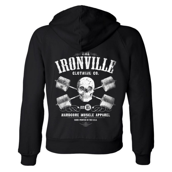 Heavy Iron Outlaw Skull Barbells Womens Powerlifting Zipper Hoodie Black