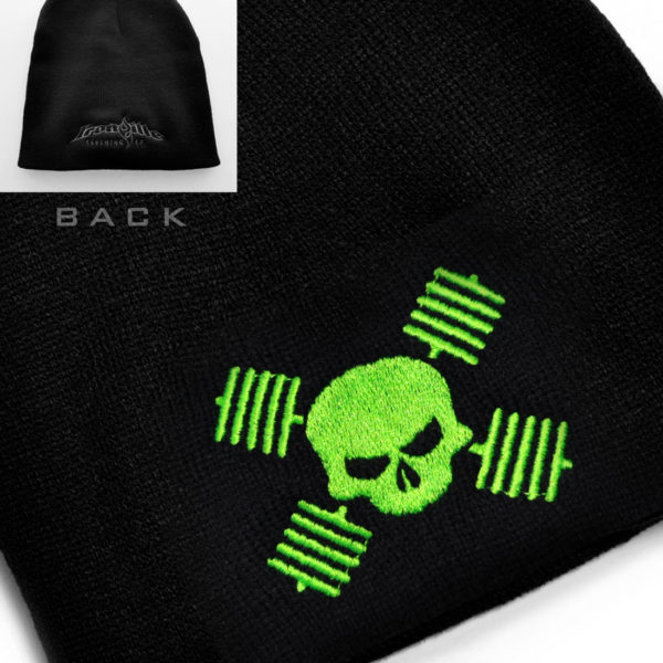 Skull And Barbells Beanie Bodybuilding Powerlifting Weightlifting Black With Neon Green