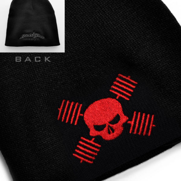 Skull And Barbells Beanie Bodybuilding Powerlifting Weightlifting Black With Red