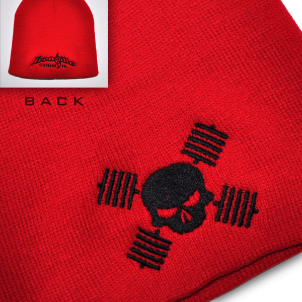 Skull And Barbells Beanie Bodybuilding Powerlifting Weightlifting Red With Black