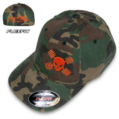 Skull And Barbells Weightlifting Hat Flexfit Curved Bill Fitted Wood Green Camo With Orange