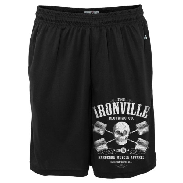 Heavy Iron Outlaw Skull Barbells Powerlifting Gym Shorts Polyester Black