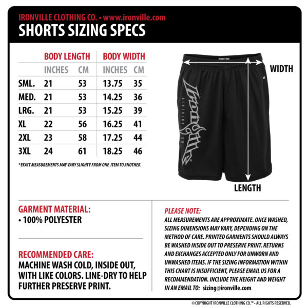 Ironville Clothing Mens Shorts Polyester Size Chart