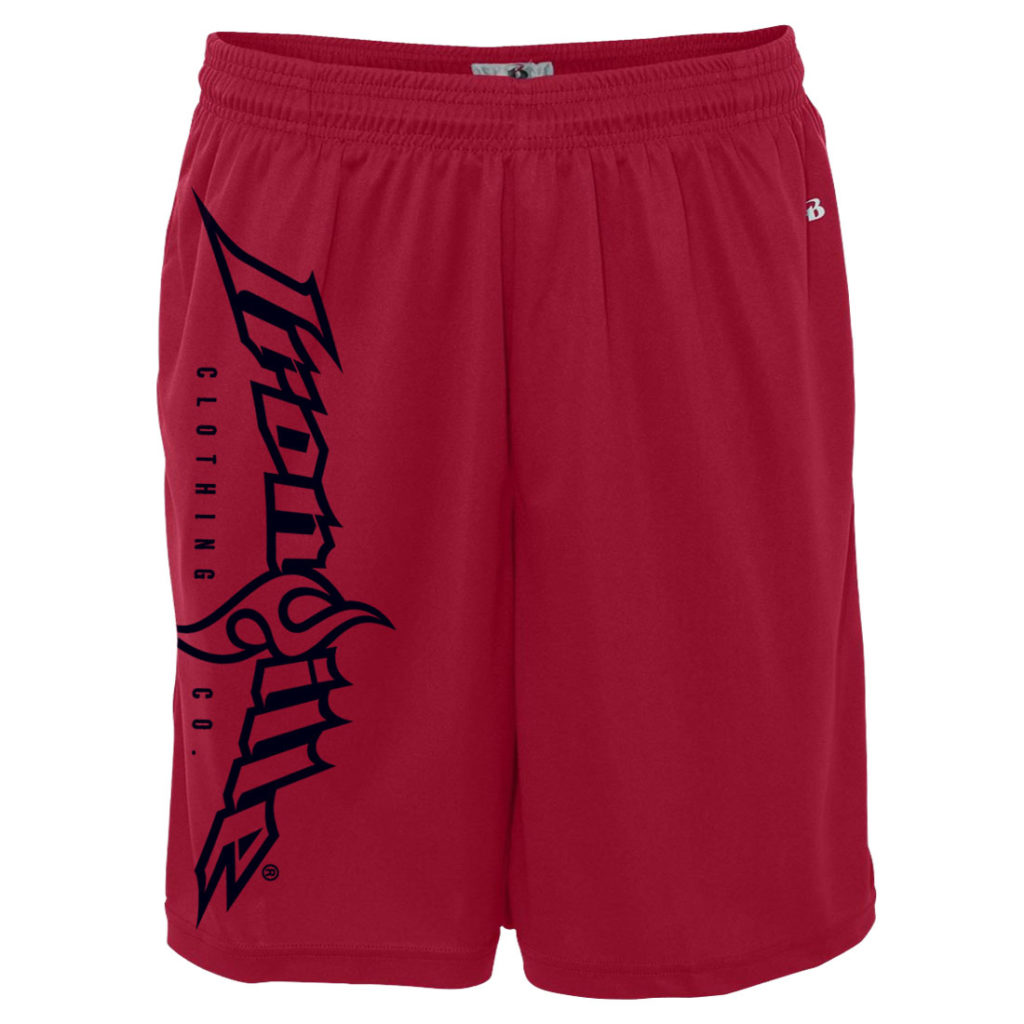 Ironville Weightlifting Gym Shorts Polyester Full Vertical Logo Front Red