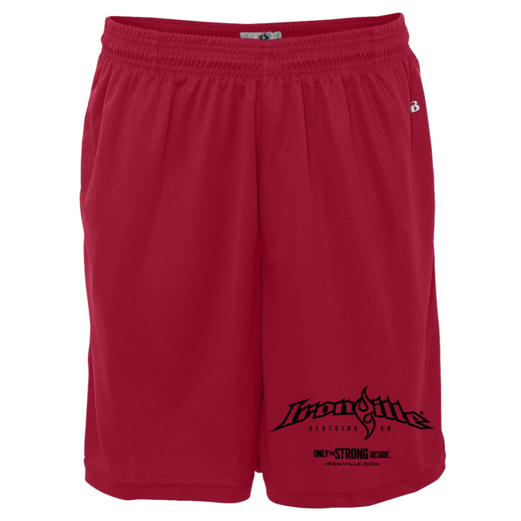 Ironville Weightlifting Gym Shorts Polyester Horizontal Logo Front Red