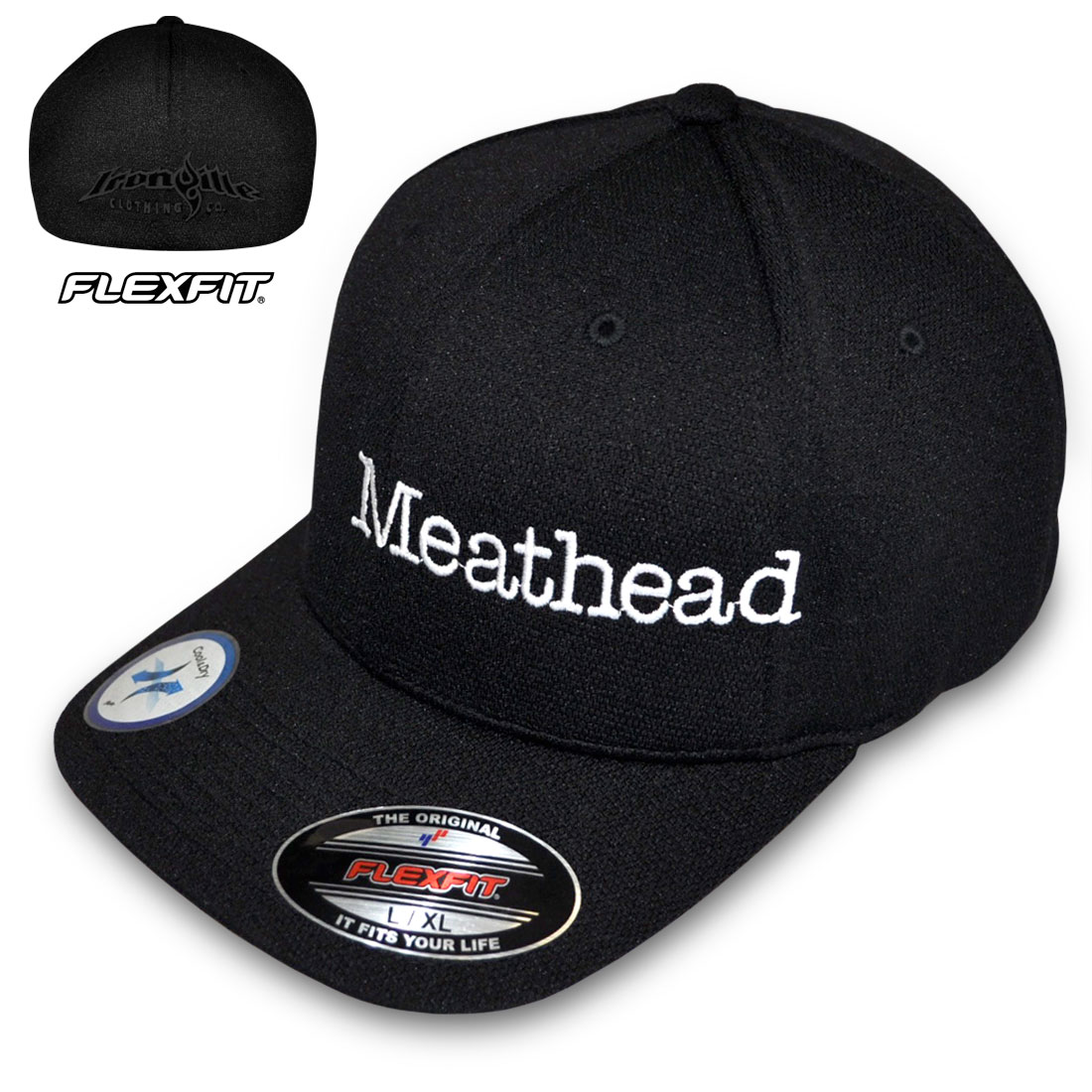 Meathead Hat Flexfit Cool Dry Bodybuilder Powerlifter Weightlifter Black With White