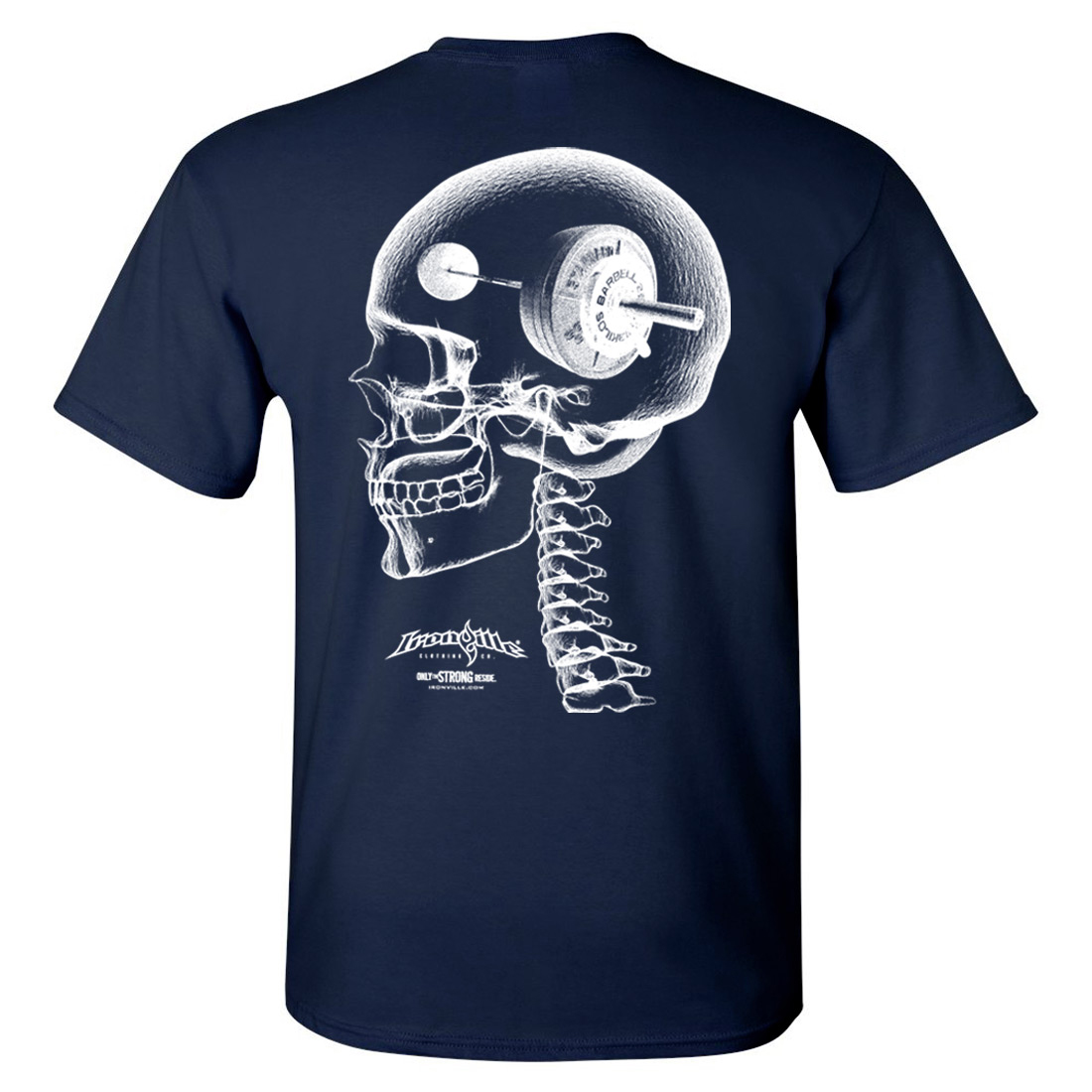 Think Heavy Barbell Weightlifting Skull T Shirt Navy Blue