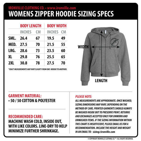 Ironville Clothing Womens Zipper Hoodie Size Chart 2017