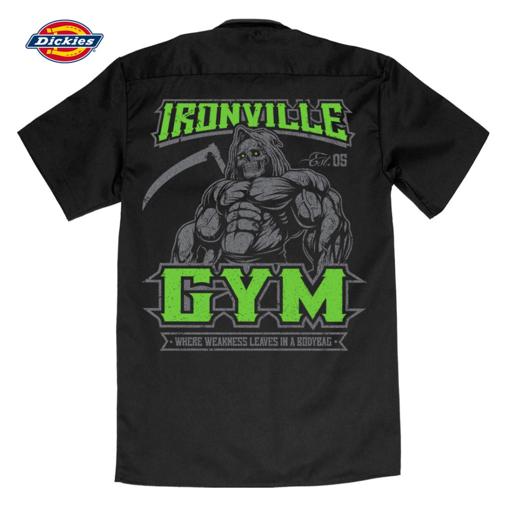 Ironville Gym Reaper Weakness Bodybag Weightlifting Button Down Shop Shirt Black