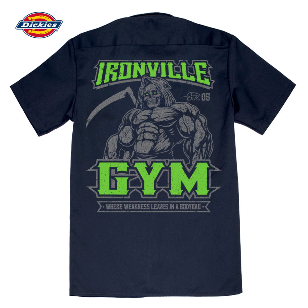 Ironville Gym Reaper Weakness Bodybag Weightlifting Button Down Shop Shirt Navy Blue