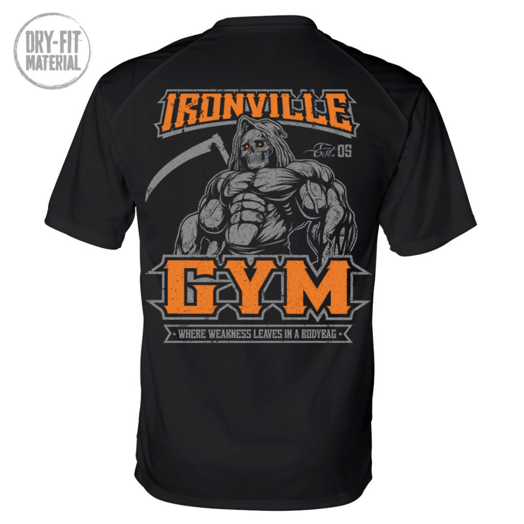 Ironville Gym Reaper Weakness Bodybag Weightlifting Dri Fit T Shirt Black Orange