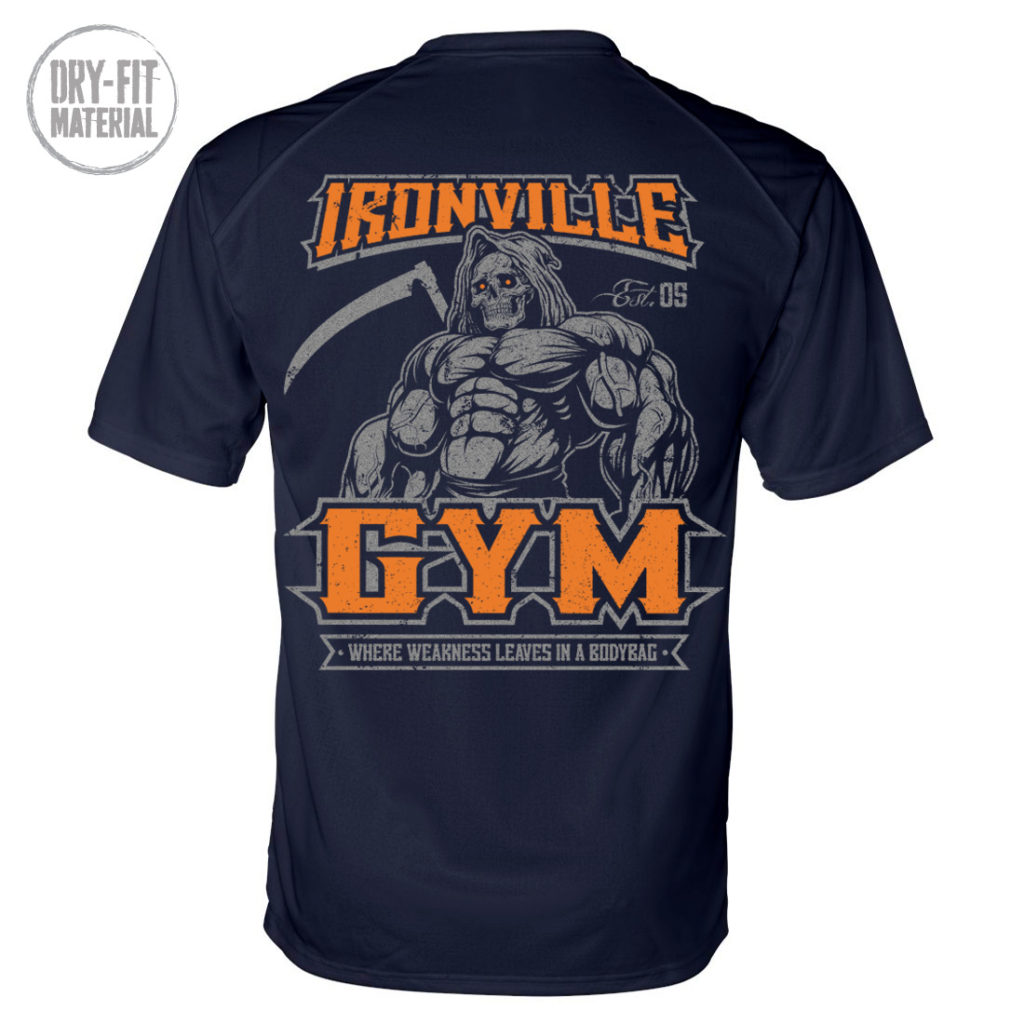 Ironville Gym Reaper Weakness Bodybag Weightlifting Dri Fit T Shirt Navy Blue Orange