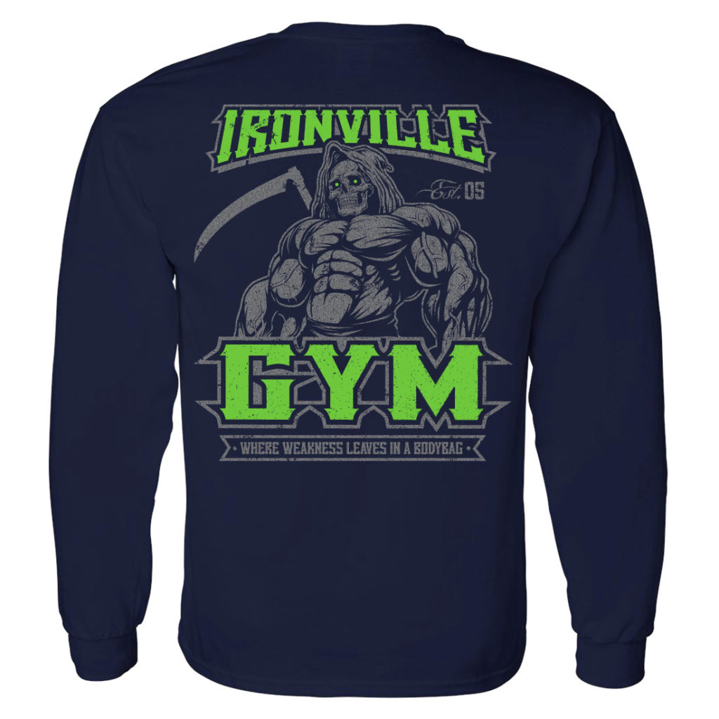 Ironville Gym Reaper Weakness Bodybag Weightlifting Long Sleeve Gym T Shirt Navy Blue
