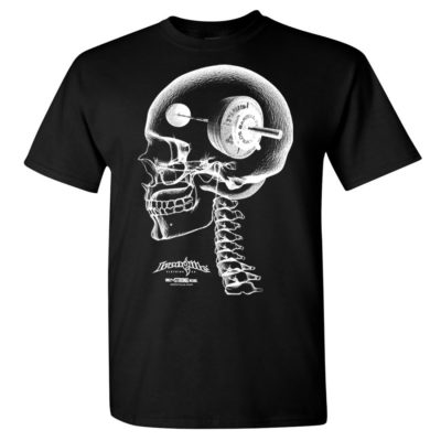 Think Heavy Barbell Weightlifting Skull T Shirt Black Front Art
