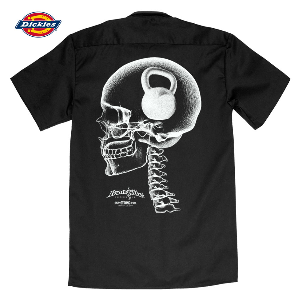 Think Heavy Kettlebell Crossfit Button Down Skull Shirt Black