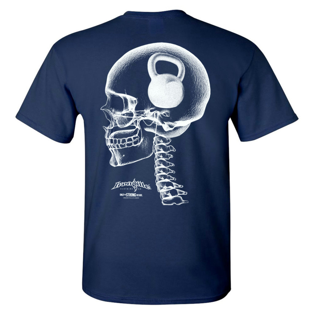 Think Heavy Kettlebell Crossfit Skull T Shirt Black Navy Blue Back Art
