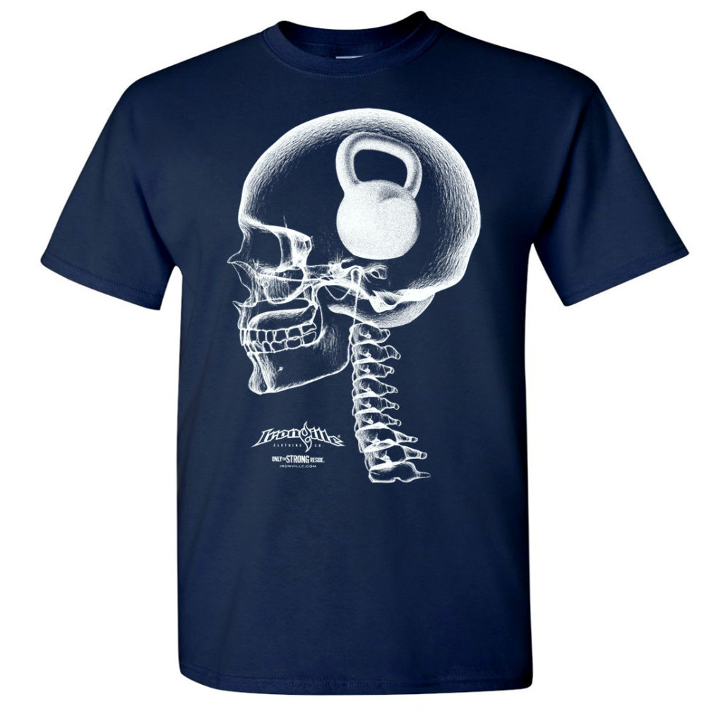 Think Heavy Kettlebell Crossfit Skull T Shirt Navy Blue Front Art