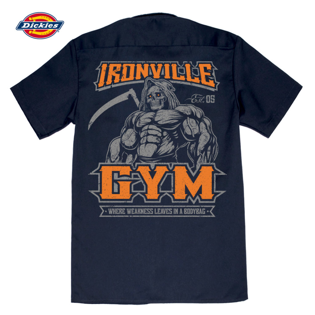 Ironville Gym Reaper Weakness Bodybag Weightlifting Button Down Shop Shirt Navy Blue Orange