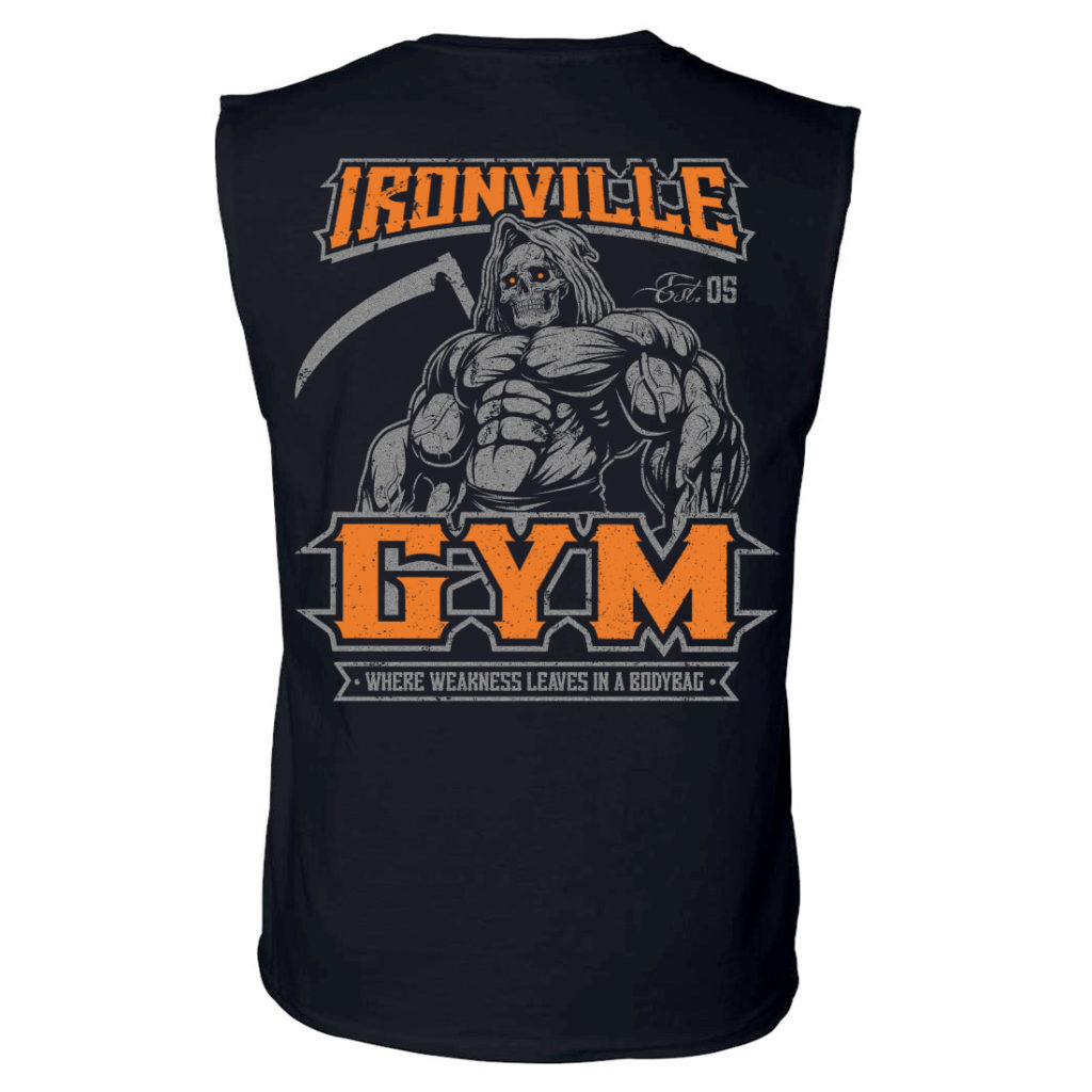 Ironville Gym Reaper Weakness Bodybag Weightlifting Sleeveless Gym T Shirt Black Orange
