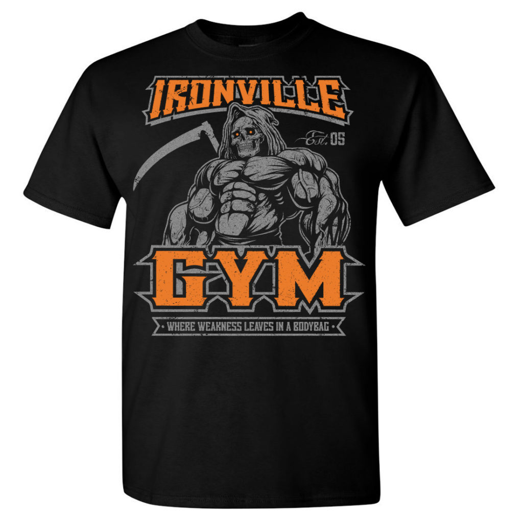Ironville Gym Reaper Weakness Bodybag Weightlifting T Shirt Black Front Art Orange