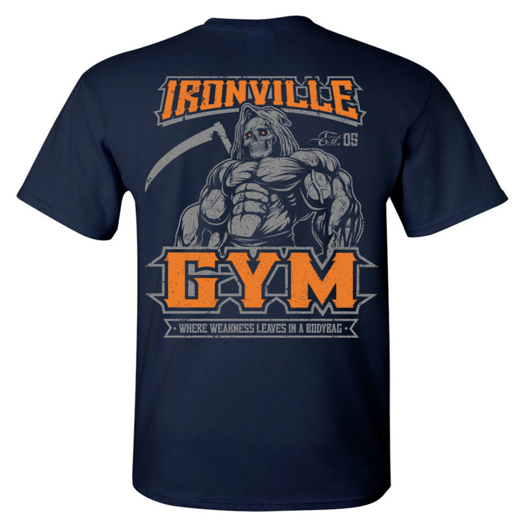 Ironville Gym Reaper Weakness Bodybag Weightlifting T Shirt Navy Blue Back Art Orange