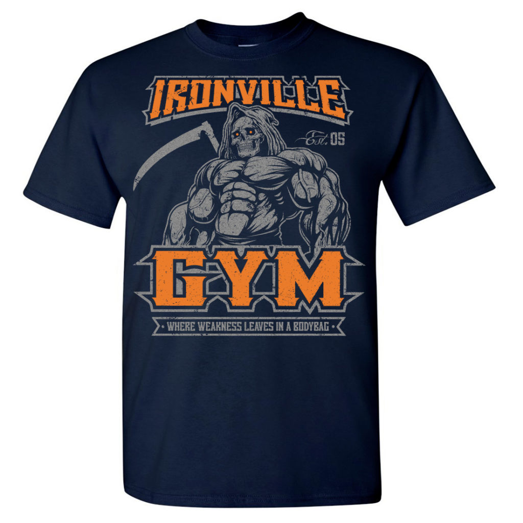 Ironville Gym Reaper Weakness Bodybag Weightlifting T Shirt Navy Blue Front Art Orange