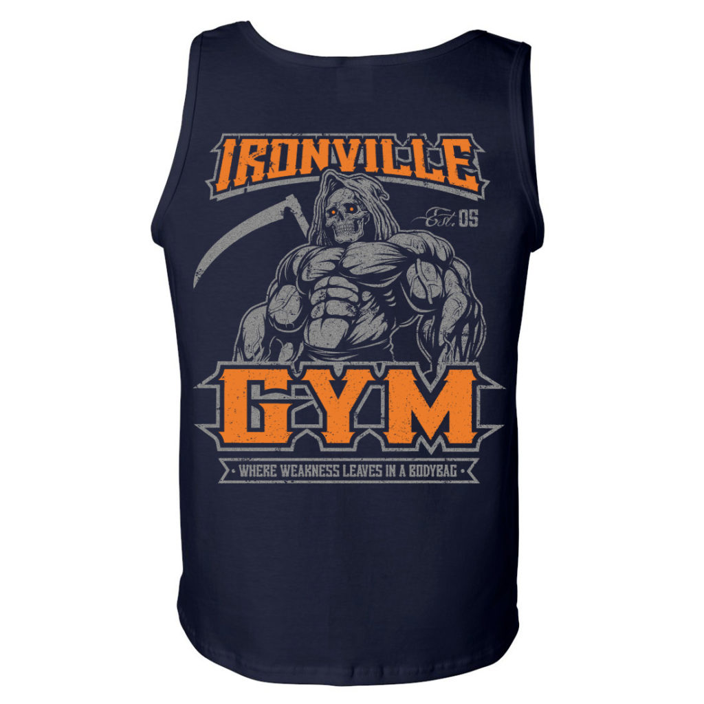 Ironville Gym Reaper Weakness Bodybag Weightlifting Tank Top Navy Blue Orange