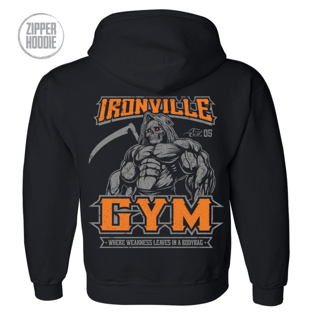 Ironville Gym Reaper Weakness Bodybag Weightlifting Zipper Hoodie Black Orange