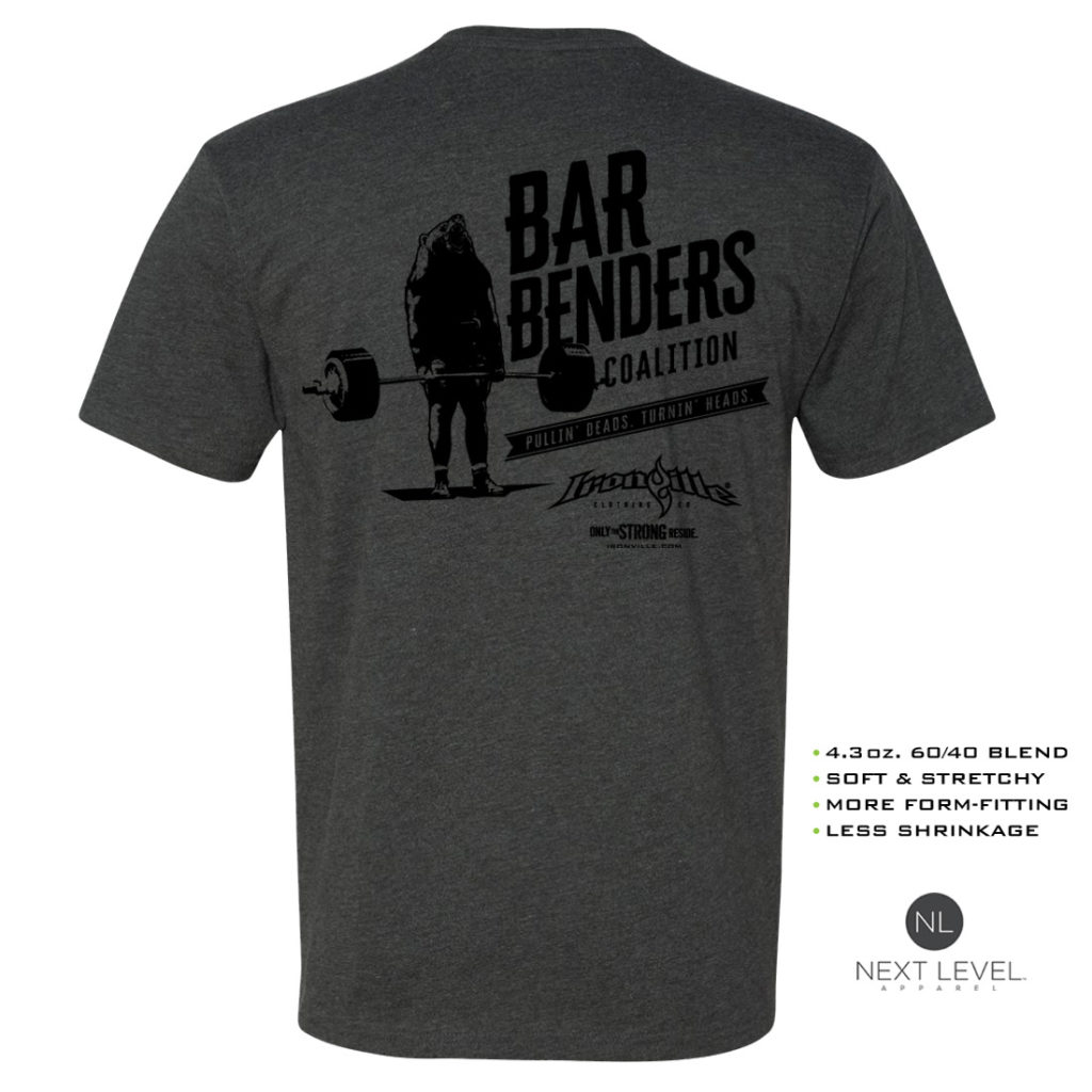 Bar Benders Coalition Pullin Deads Turnin Heads Soft Blend Fitted Powerlifting T Shirt Charcoal With Black Back Art