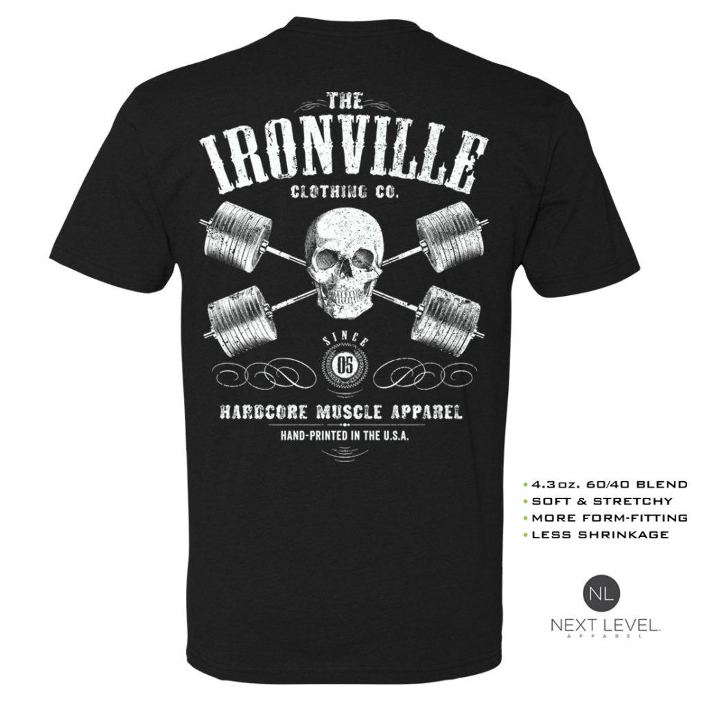 Heavy Iron Outlaw Skull Barbells Powerlifting Soft Blend Fitted Powerlifting T Shirt Black With White Back Art