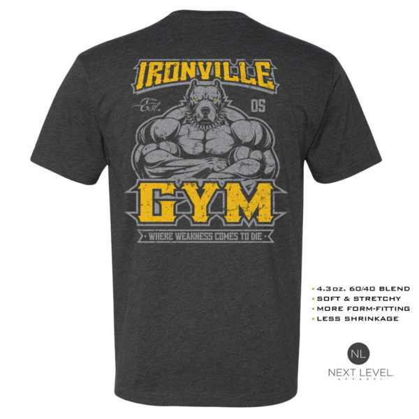 Ironville Gym Pitbull Where Weakness Comes To Die Soft Blend Fitted Bodybuilding T Shirt Charcoal With Yellow Back Art