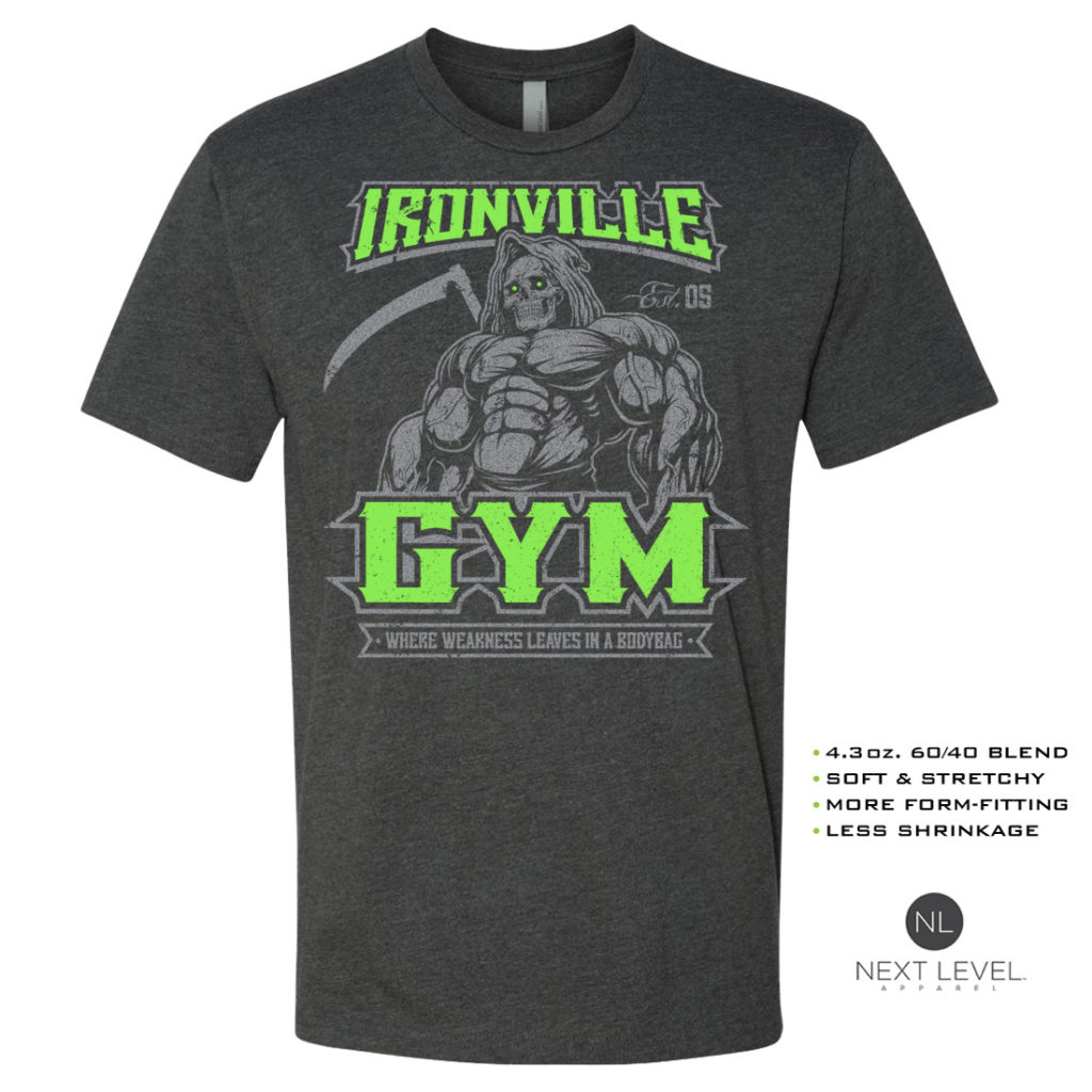 Ironville Gym Reaper Weakness Bodybag Soft Blend Fitted Weightlifting T Shirt Charcoal With Green Front Art