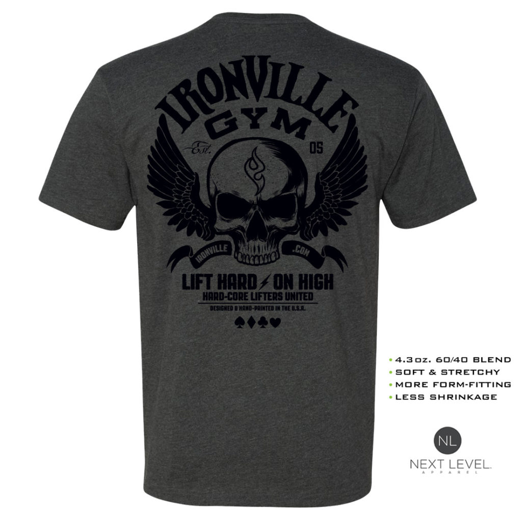 Ironville Gym Wings Soft Blend Fitted Powerlifting T Shirt Charcoal With Black Back Art