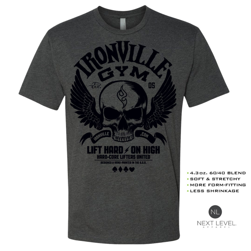 Ironville Gym Wings Soft Blend Fitted Powerlifting T Shirt Charcoal With Black Front Art