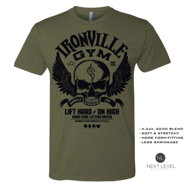 Ironville Gym Wings Soft Blend Fitted Powerlifting T Shirt Military Green With Black Front Art
