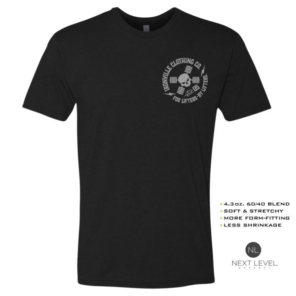 Ironville Soft Blend Next Level Fitted T Shirt Silver Skull Logo Black Front