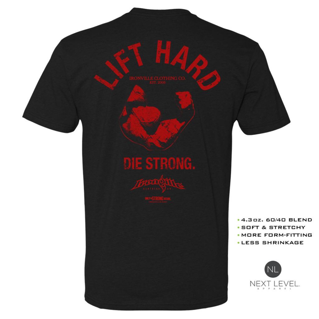 Lift Hard Die Strong Soft Blend Fitted Bodybuilding T Shirt Black With Red Back Art