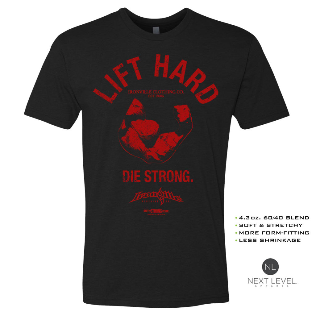 Lift Hard Die Strong Soft Blend Fitted Bodybuilding T Shirt Black With Red Front Art