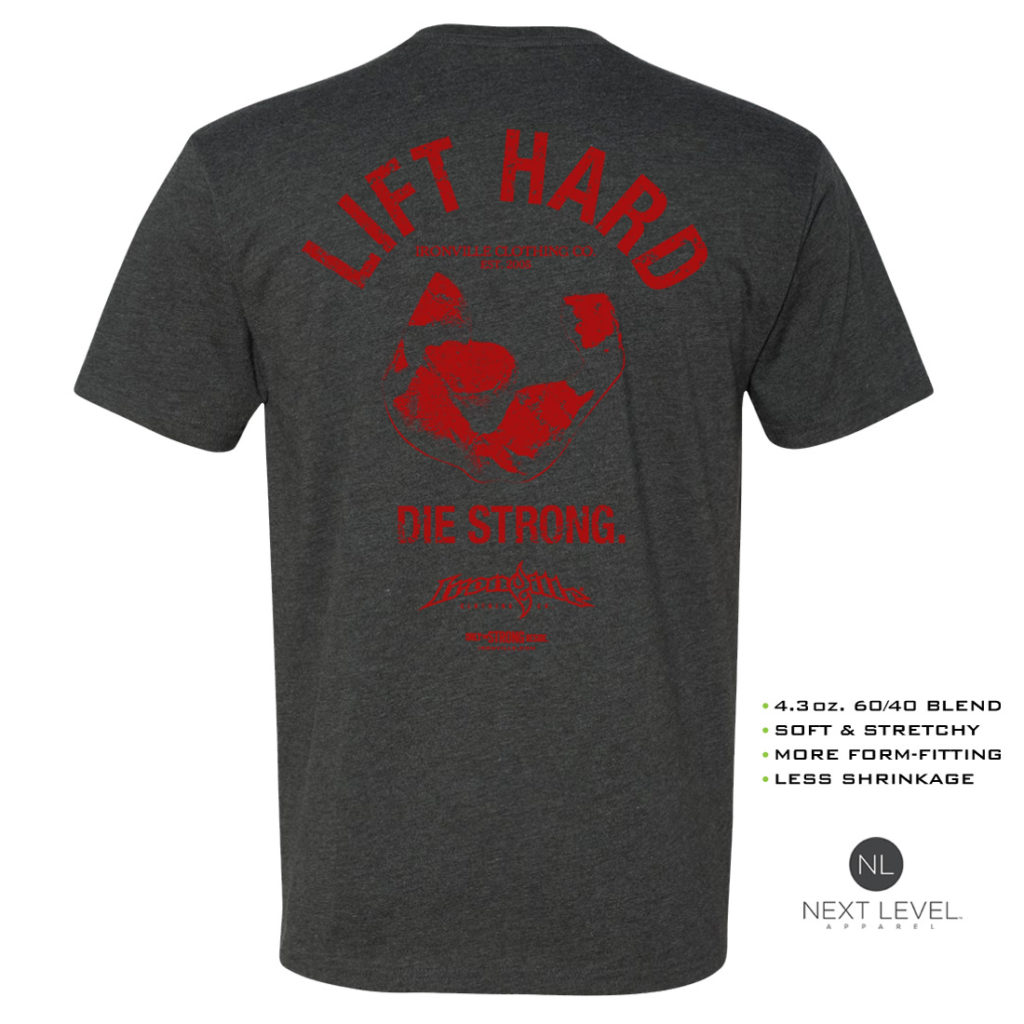 Lift Hard Die Strong Soft Blend Fitted Bodybuilding T Shirt Charcoal With Red Back Art