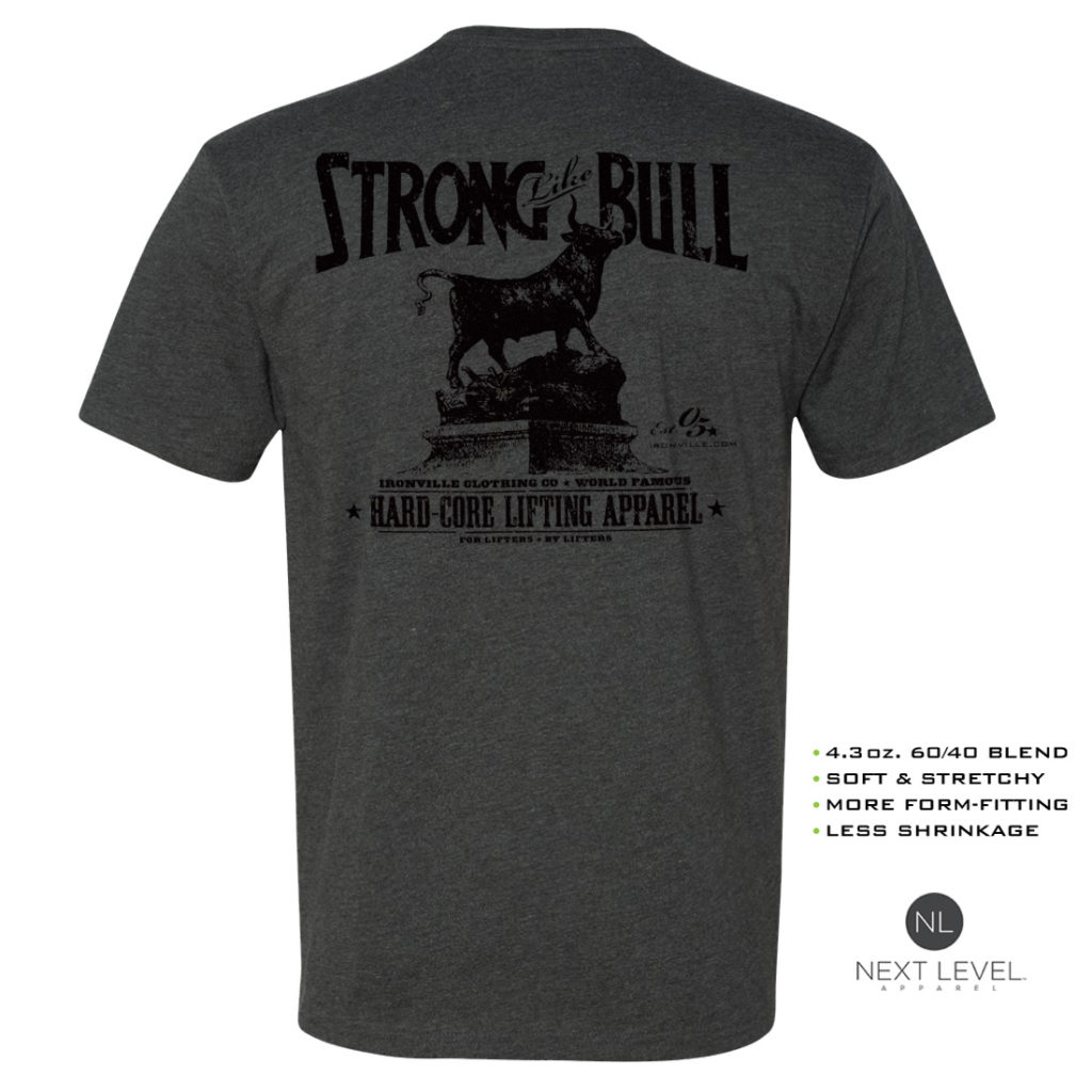 Strong Like Bull Soft Blend Fitted Powerlifting T Shirt Charcoal With Black Back Art