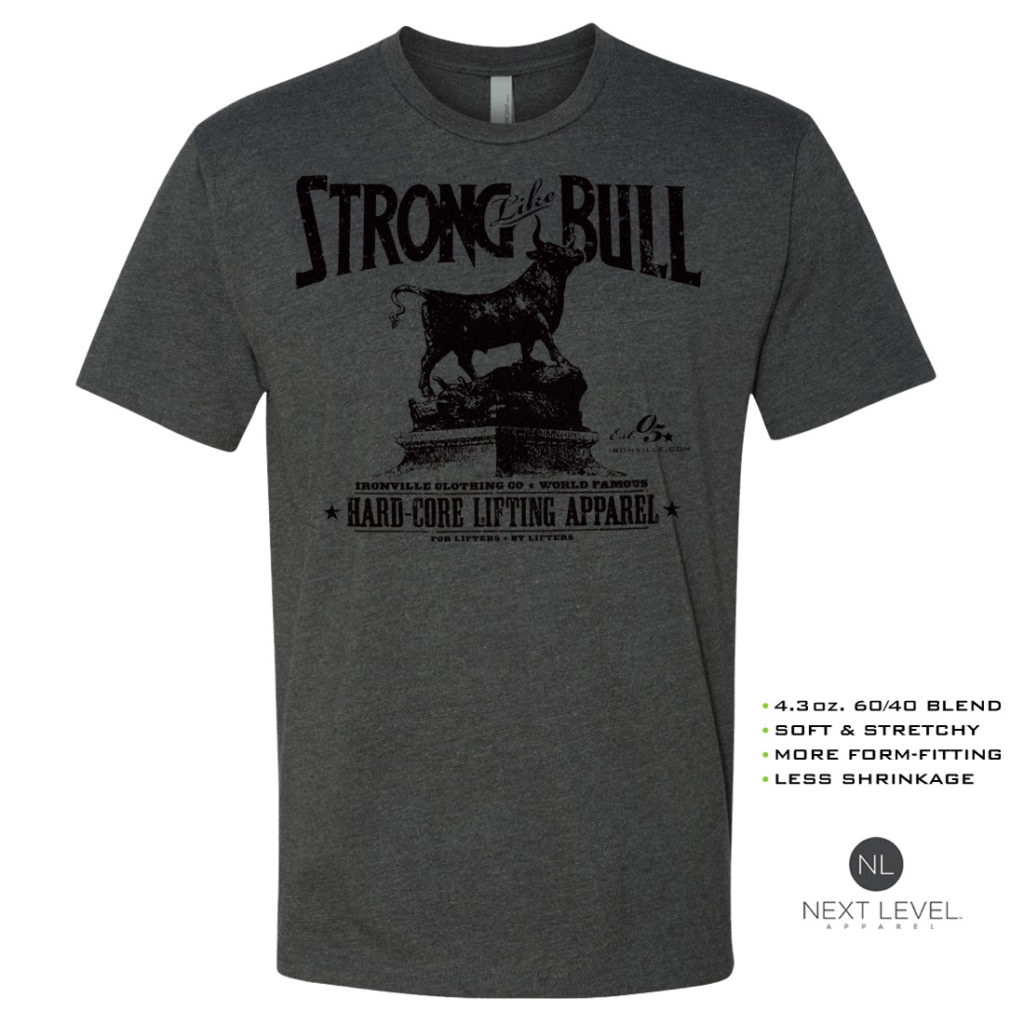 Strong Like Bull Soft Blend Fitted Powerlifting T Shirt Charcoal With Black Front Art