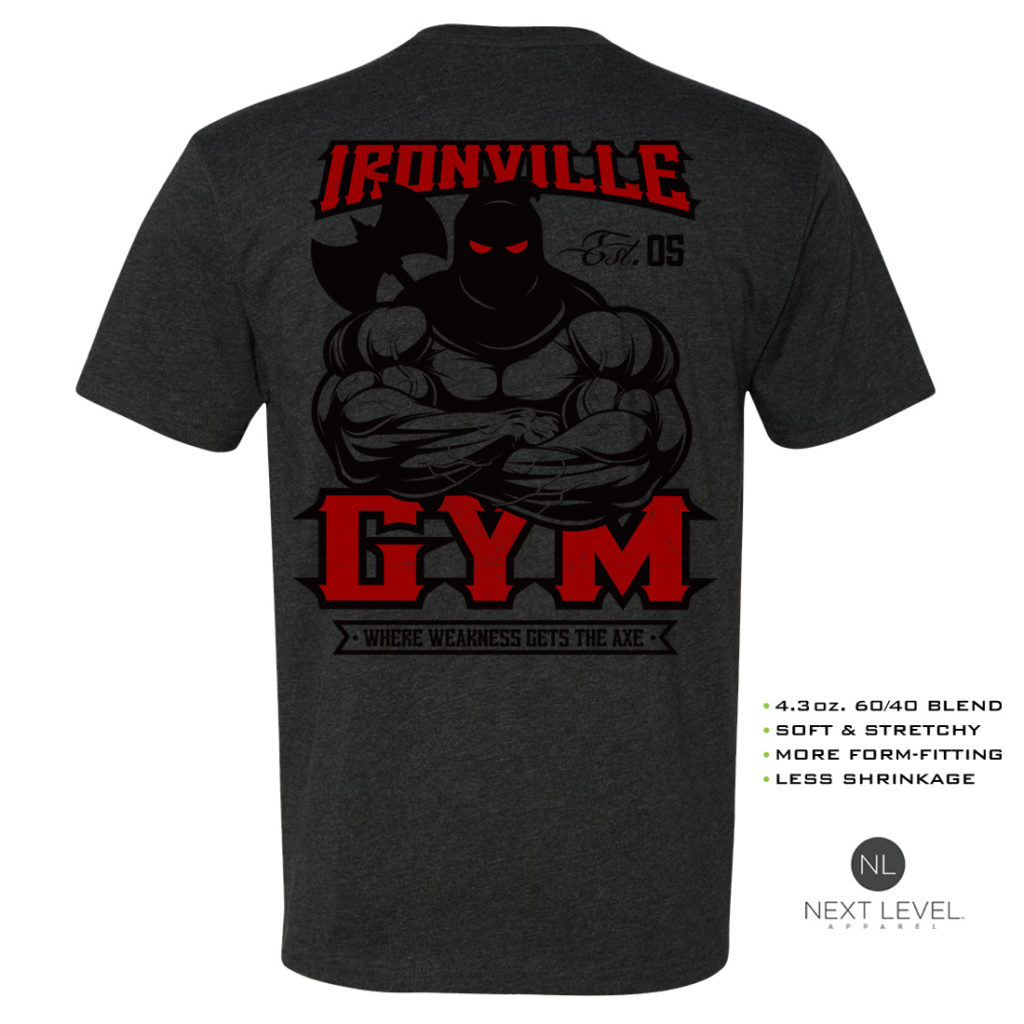 Ironville Gym Executioner Weakness Axe Soft Blend Fitted Powerlifting T Shirt Charcoal With Red Back Art